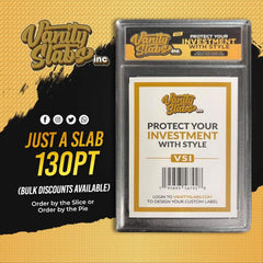 Trading card slab with personalized label display in Vanity Slabs Holder for RPA Cards