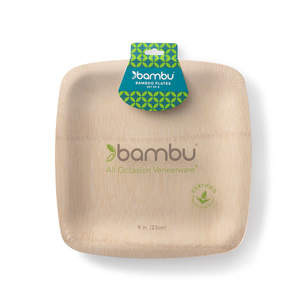 9-inch Certified Compostable Bamboo Square Plate Retail Pack