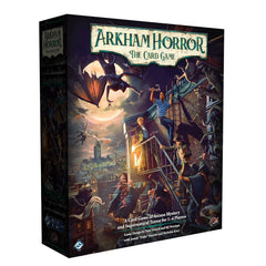 Arkham Horror The Card Game box with characters on a rooftop at night.