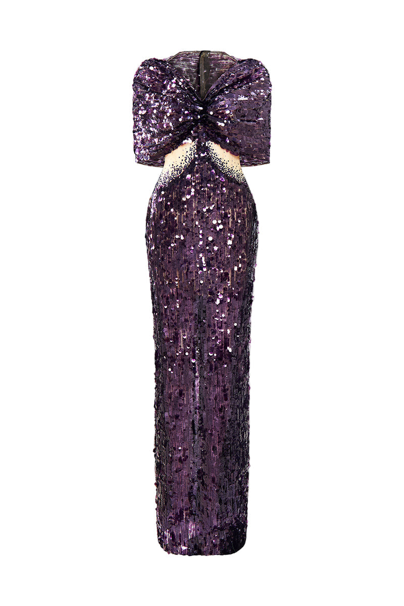 HACCHIC COUTURE Vivienne sequined illusion midi dress featuring a fitted silhouette and shimmering embellishments.