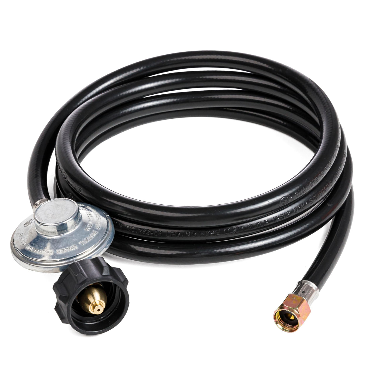 8ft propane regulator and hose assembly for grills and heaters coiled on a white background.