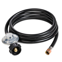 8ft propane regulator and hose assembly for grills and heaters coiled on a white background.
