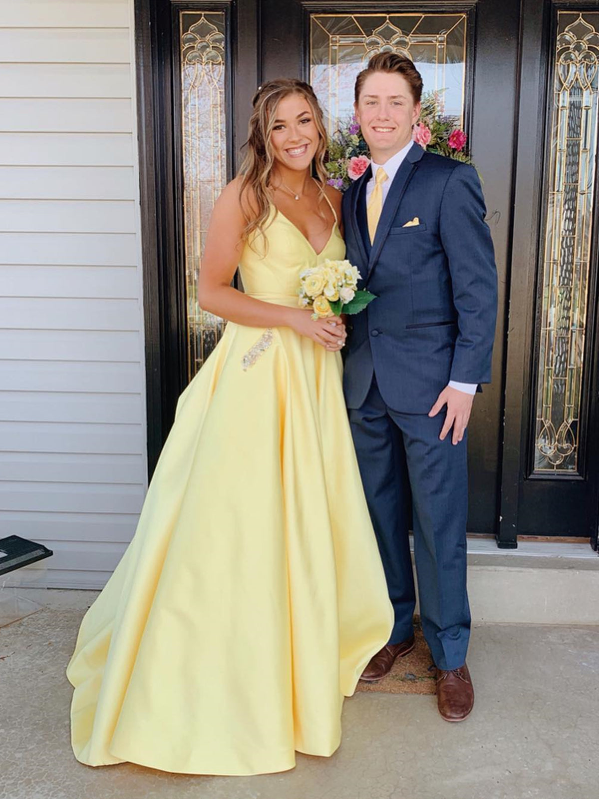 A Line V Neck Yellow Backless Prom Dresses, Backless Long Yellow Formal Graduation Evening Dresses