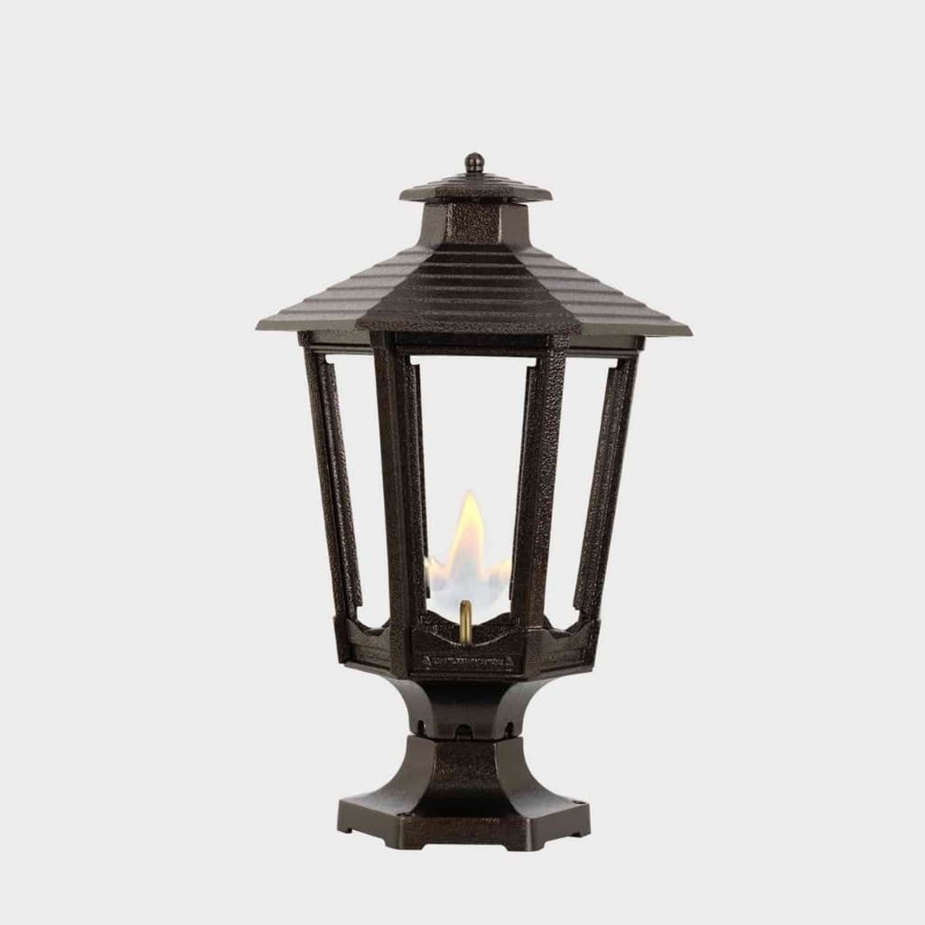 American Gas Lamp Works Cosmopolitan 1600R 14" Nouveau Silver Residential Pier Mount Aluminum Natural Gas Lamp With Single Open Flame Burner Light Assembly, Beveled Tempered Glass Panes and Brass Plated Acorn Finial
