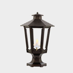 American Gas Lamp Works Cosmopolitan 1600R 14" Nouveau Silver Residential Pier Mount Aluminum Natural Gas Lamp With Single Open Flame Burner Light Assembly, Beveled Tempered Glass Panes and Brass Plated Acorn Finial