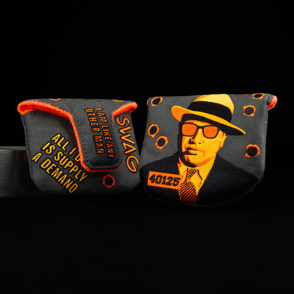 SWAG Golf neon orange and black Capone Chicago mob boss themed mallet putter golf headcover.