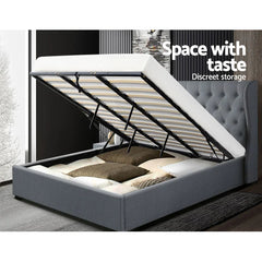 Artiss Issa Bed Frame Fabric Gas Lift Storage Grey King