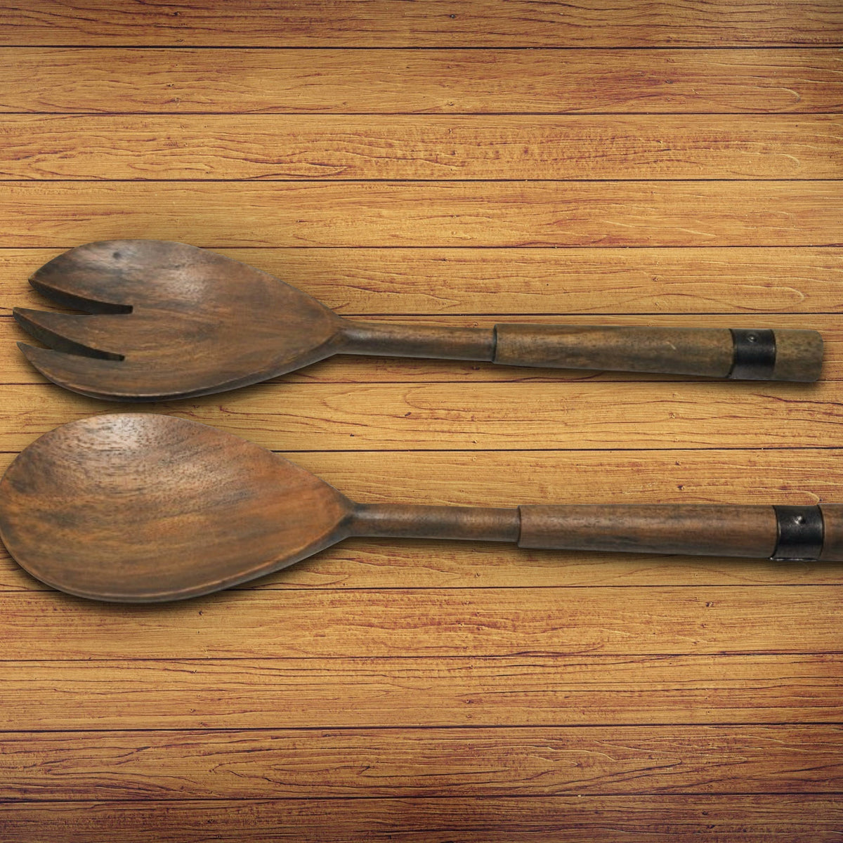 Gray Acacia Wood Salad Server Set With Riveted Gunmetal 2 Piece Kitchen Utensils