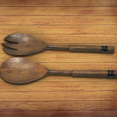 Gray Acacia Wood Salad Server Set With Riveted Gunmetal 2 Piece Kitchen Utensils