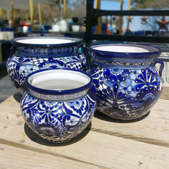 Handmade blue and white Mexican chata pot