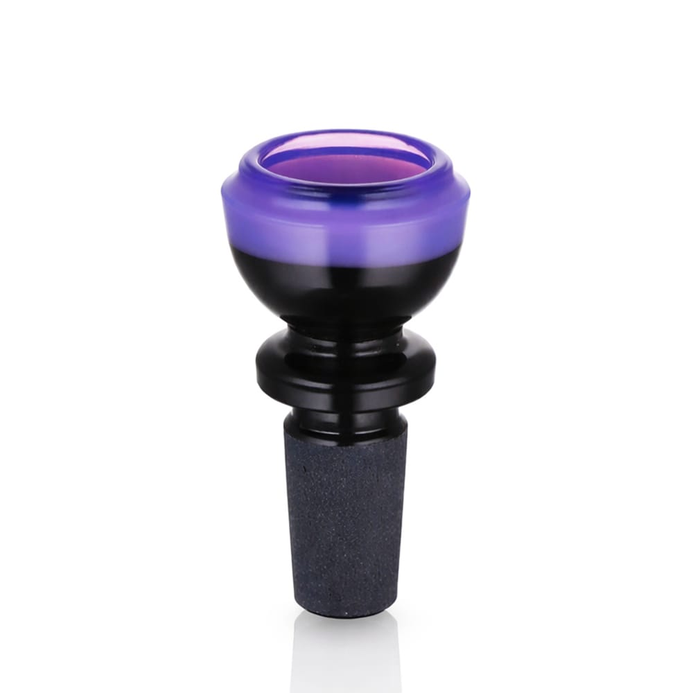 Front view of BW Prism Orb Glass Cone Piece 14mm Male Bowl in Purple on white background, smooth durable glass design