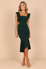 Bold Midi Square-Neck Ruffle-Strap Cutout Mermaid Wedding Guest Dress