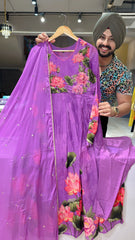 Purple Chinon Floral Print Full Flair Anarkali Suit with Beautiful Hand work on neck & Sequins work Duppata