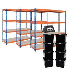 3x CRW Heavy Duty Shelving - 1600mm High - Blue & Orange with 8x 62L Wham DIY Plastic Storage Boxes