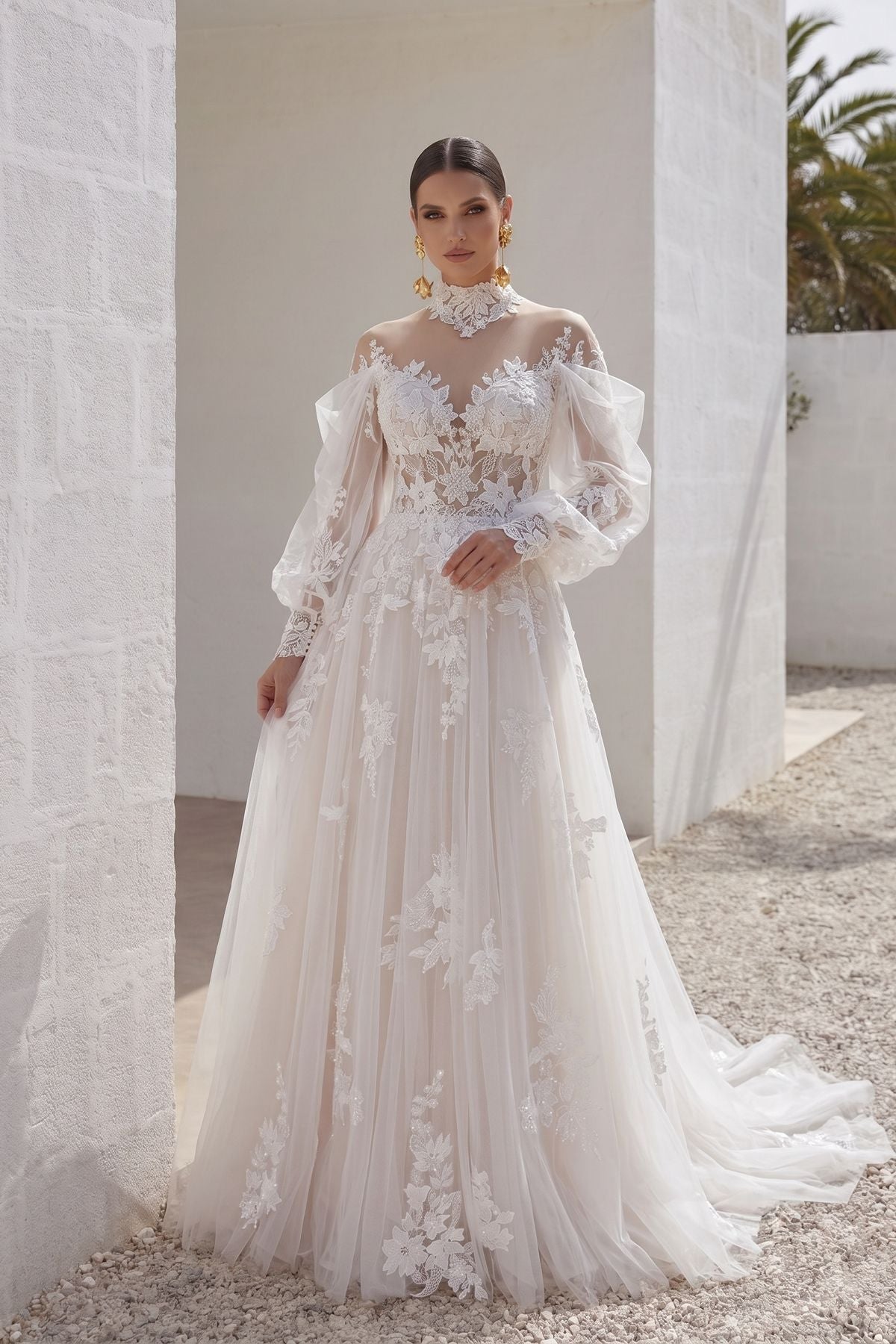 A-Line Court Train Lace Tulle Wedding Dress CW3156