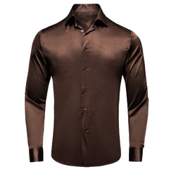 Brown Dress Shirt Solid Satin Men's Long Sleeve Dress Shirt