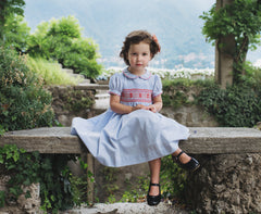 Princess Charlotte light blue coral smocks dress. Timeless classic royal like style for babies and little girls. Chic handmade dress