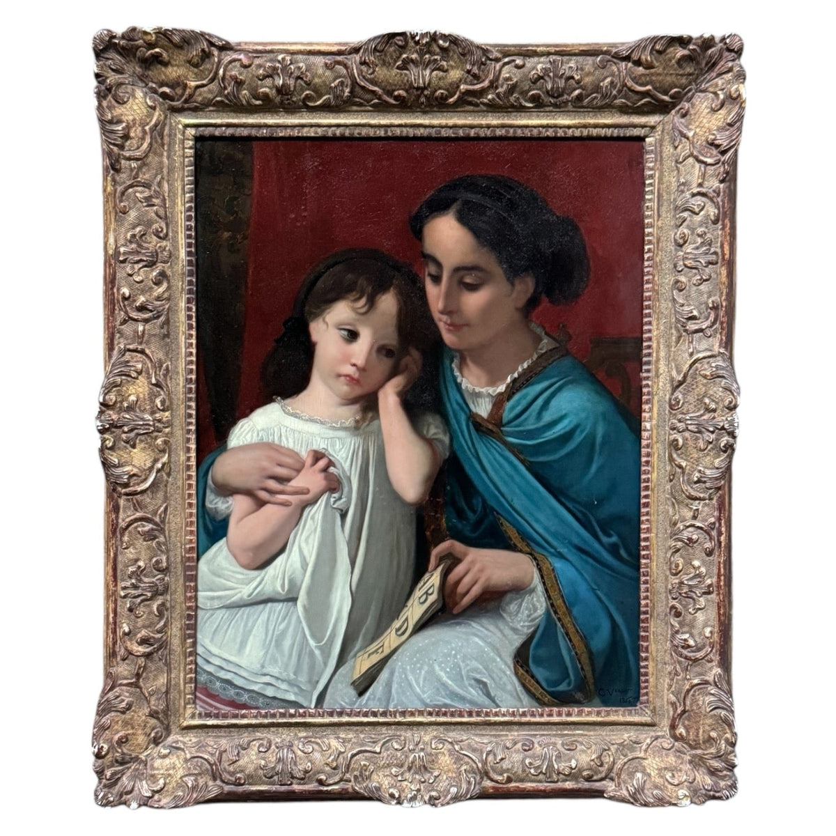 A painting titled 'Mother and Daughter' by Charles-Michel Maria Verlat, featuring a mother in a blue dress sitting with her young child, housed in a decorative gold frame.
Charles-Michel Maria Verlat (Belgian, 1824-1900), "Mother and Daughter," 1866