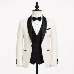 Men's Business Shawl Lapel Off White With Black Vest 3 Piece Suits