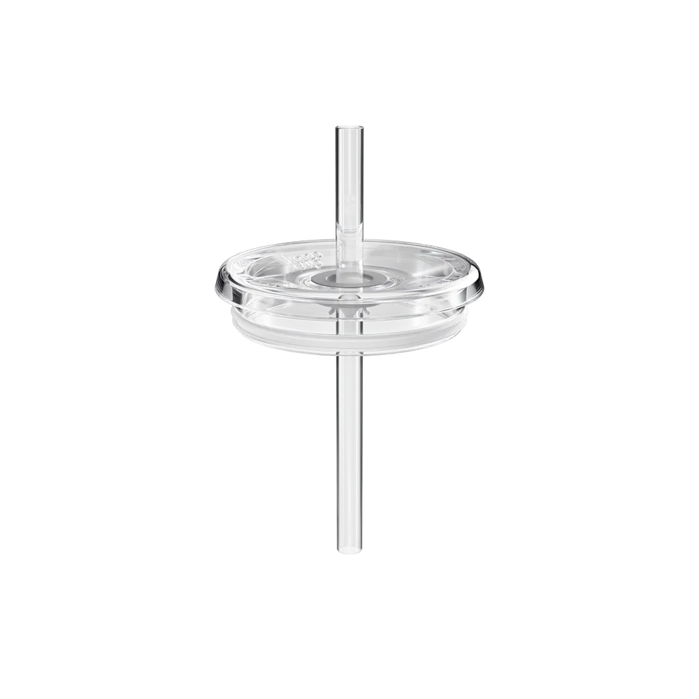 Clear plastic Coffee Straw Lid for M 12oz Plastic Cup, shown from a front angle with the transparent straw inserted through the centre of the lid, displaying the component against a white background.