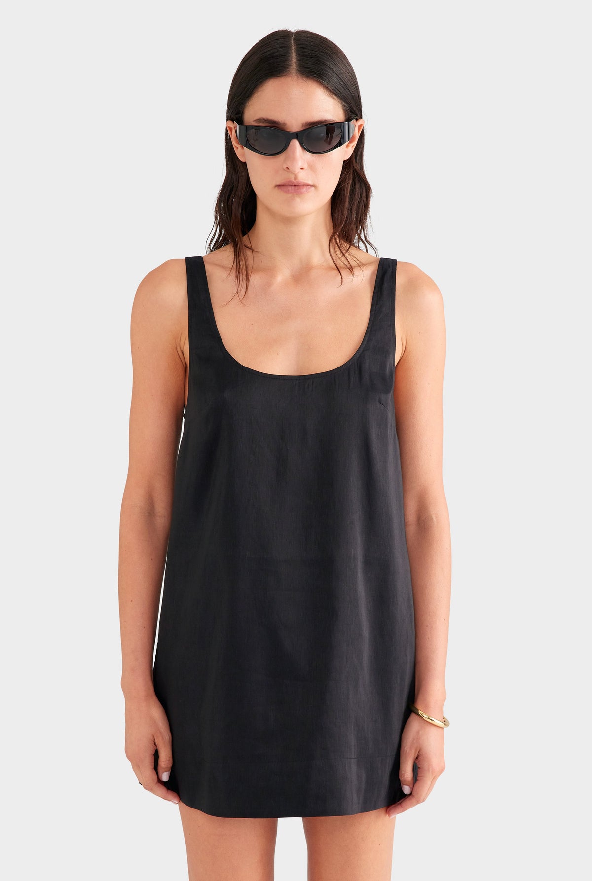 Silk Linen Shift Mini Dress - Black