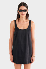 Silk Linen Shift Mini Dress - Black
