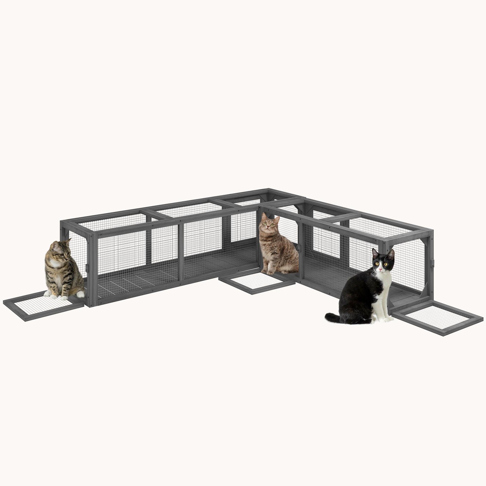 98" Outdoor Wooden Cat Tunnel with 8 Doors & Combinable Design for Kitty, Pet, Dark Gray