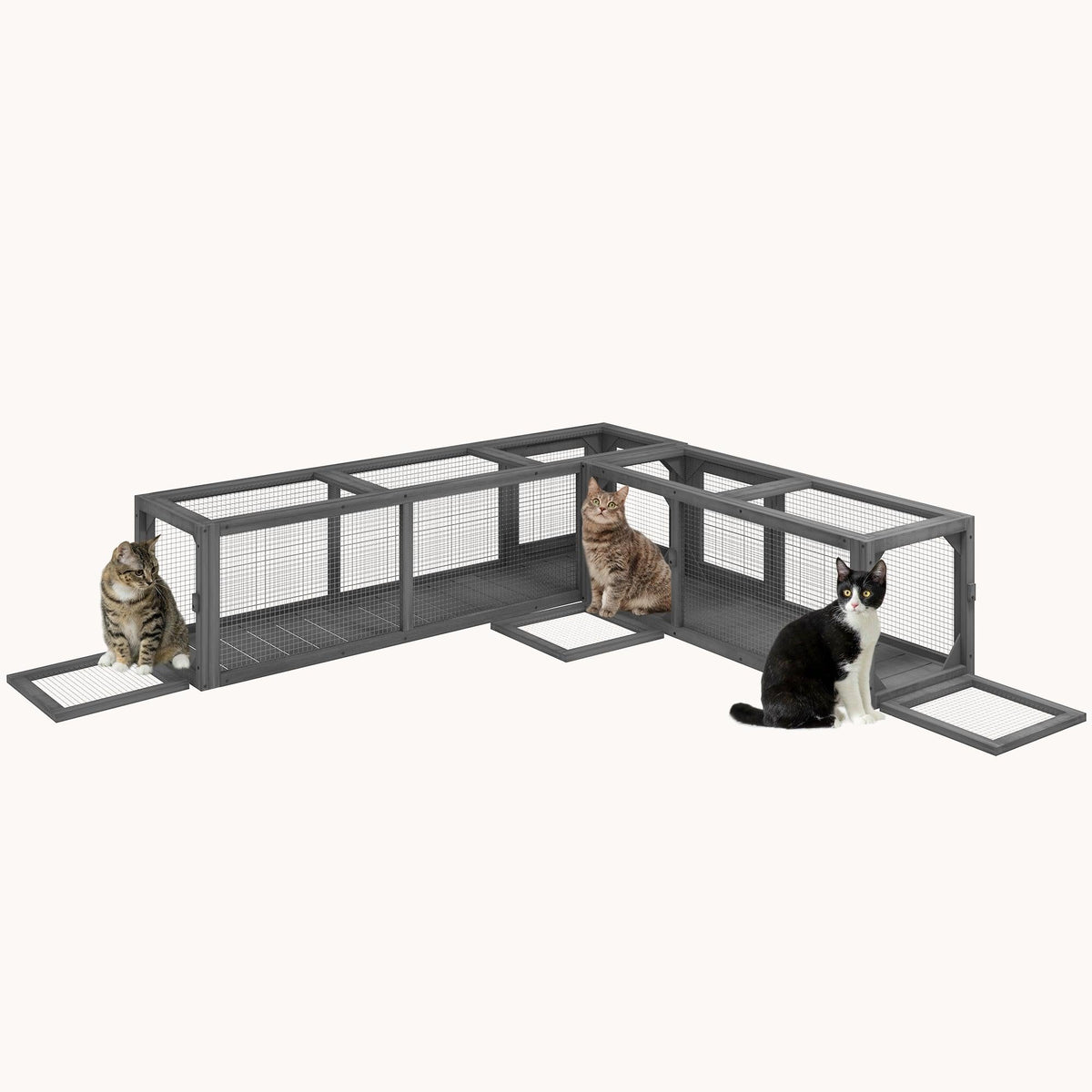 98" Outdoor Wooden Cat Tunnel with 8 Doors & Combinable Design for Kitty, Pet, Dark Gray
