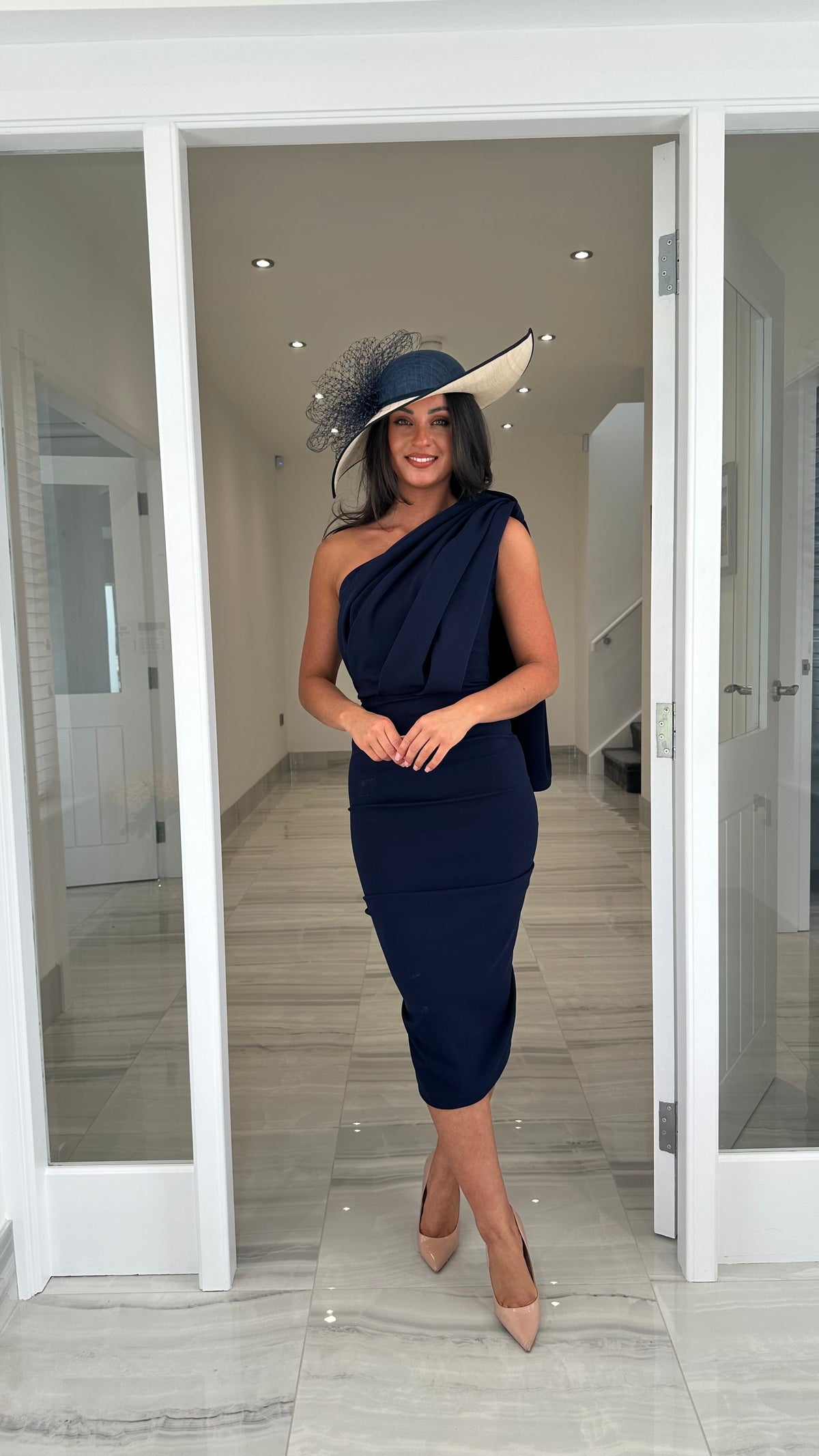 Drape One Shoulder Wedding Guest Dress In Navy Blue