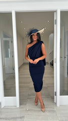 Drape One Shoulder Wedding Guest Dress In Navy Blue