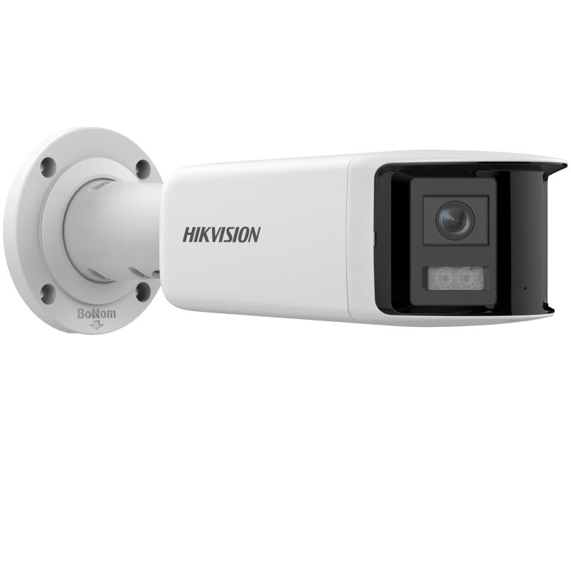 Hikvision DS-2CD2T67G2P-LSU outdoor 6MP ColorVu panoramic bullet CCTV camera with dual lenses, WDR, and IP67 weatherproof rating.