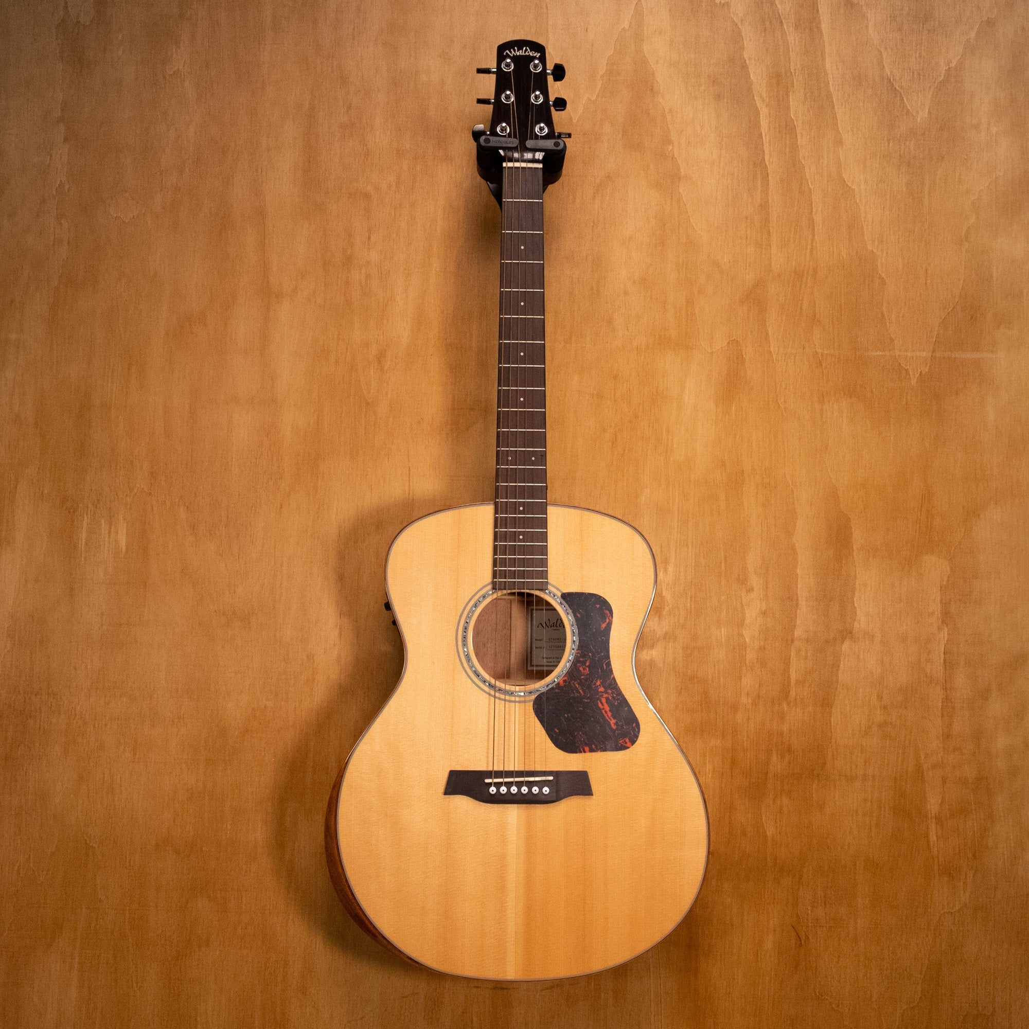Walden G740RE-G W acoustic guitar with Sitka spruce top, walnut armrest, and Fishman pickup, shown from the front.