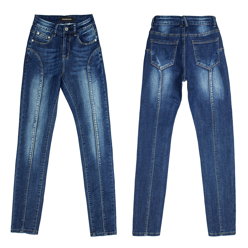 DSQBRAND women's high waist slim Jeans Blue stitching Capris small foot pencil pants zipper DSQ letter label  customizatio