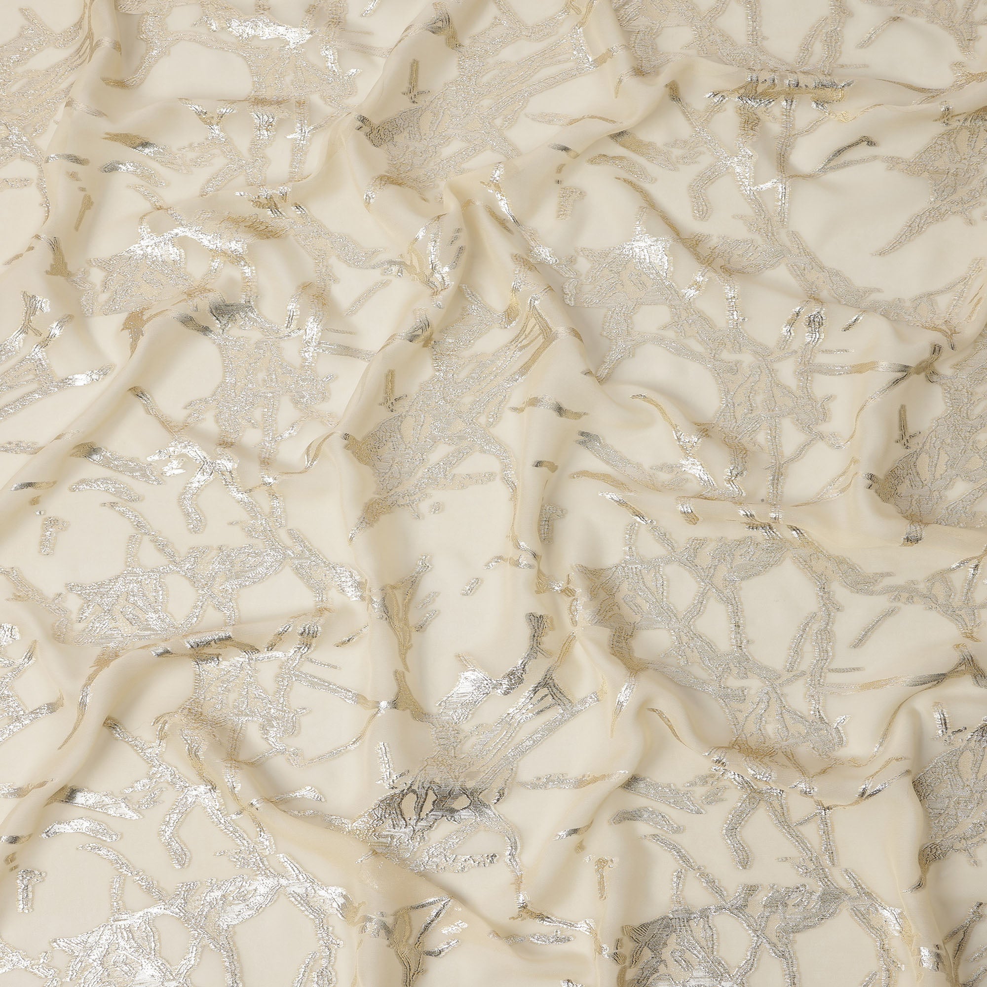 Beige Silk Chiffon Fabric with Abstract Metallic Lurex Design, 110 Cms Width, Made in South Korea-D22564 Regal Fabrics