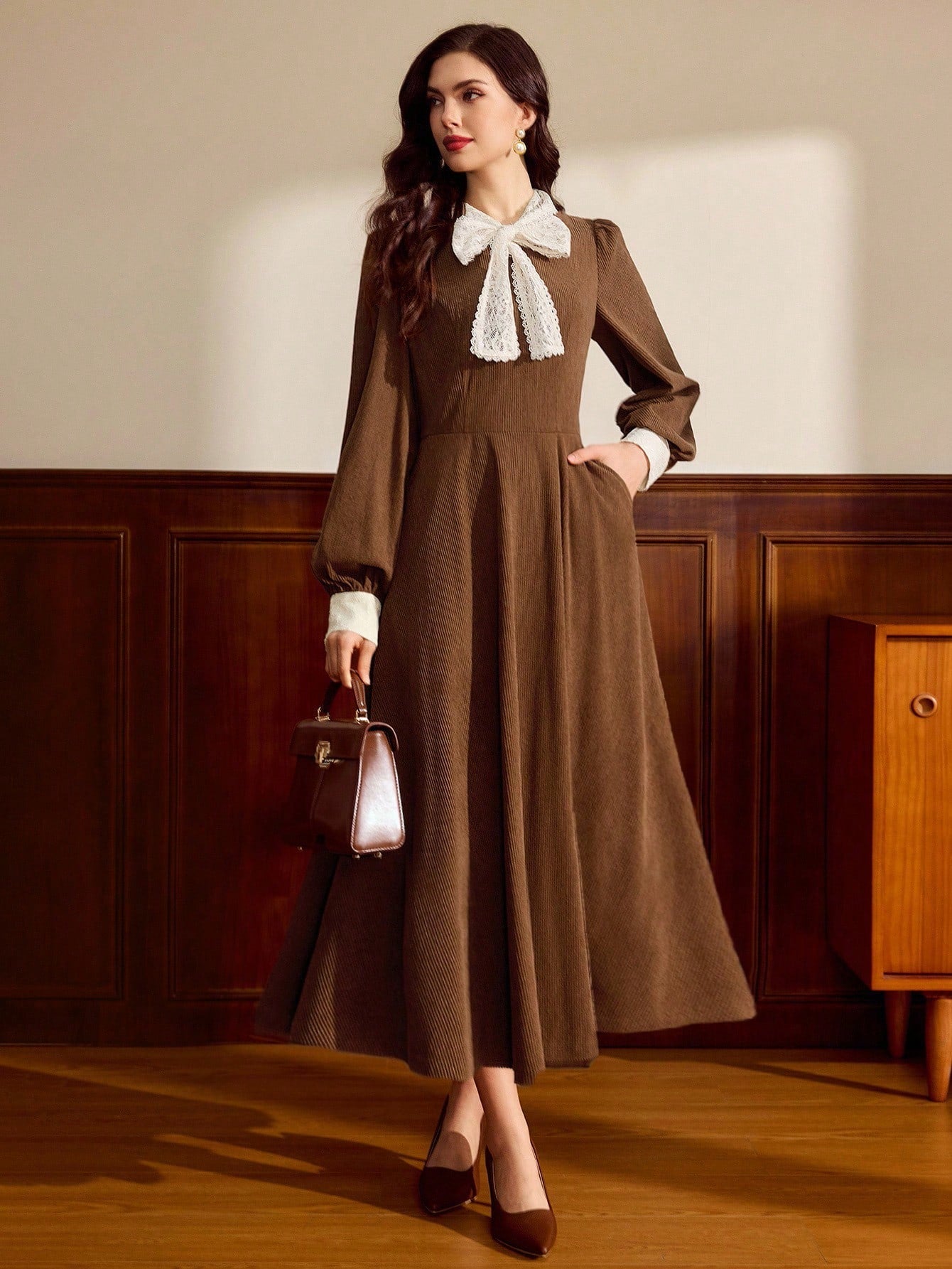 Step into cozy charm with this Elegant Vintage Long Sleeve Patchwork Dress in warm coffee brown. Perfect for autumn and winter, its unique patchwork design adds a dash of retro flair while keeping you snug and stylish. Whether you're strolling through colorful leaves or enjoying a hot cocoa date, this dress blends comfort with playful vintage vibes effortlessly.