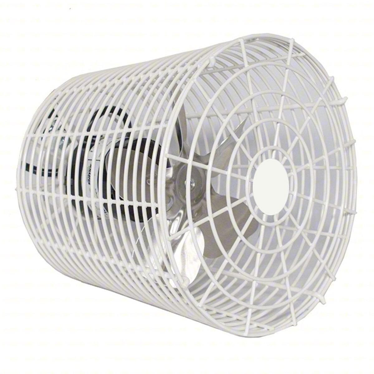 F5 Fans Greenhouse Circulation Fan (8 inches) with protective white wire cage, featuring a clear fan blade visible through the cage, designed for efficient airflow in greenhouse environments.