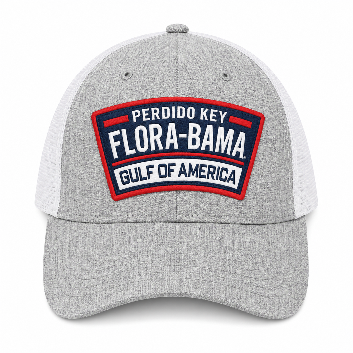 Gray and white cap with 'Perdido Key Flora-Bama Gulf of America' logo