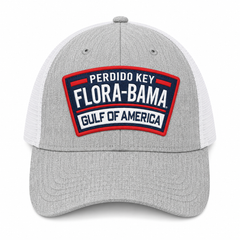 Gray and white cap with 'Perdido Key Flora-Bama Gulf of America' logo