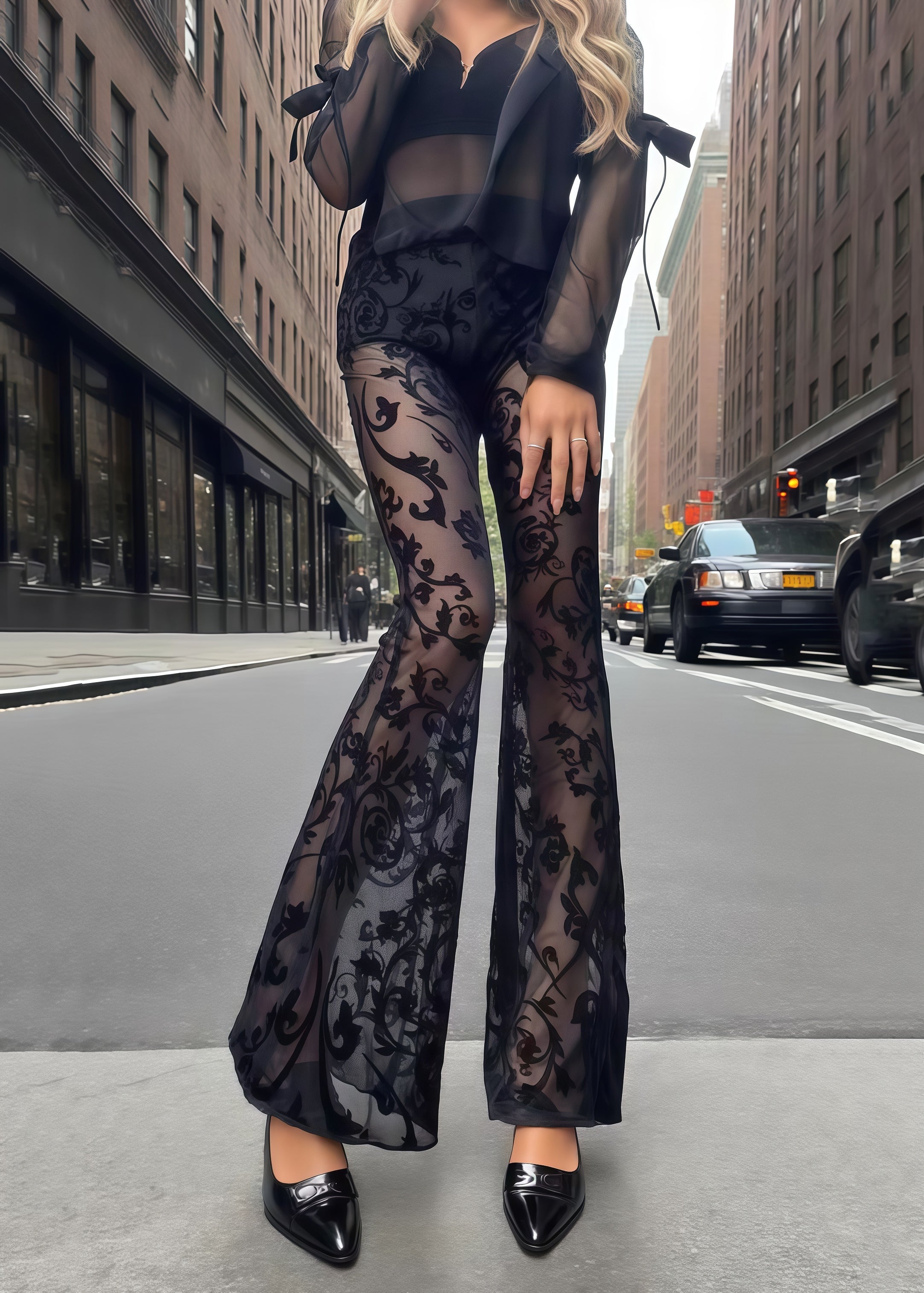 Fitted Black Jacquard Patchwork Tulle Flared Pants Trousers Summer
