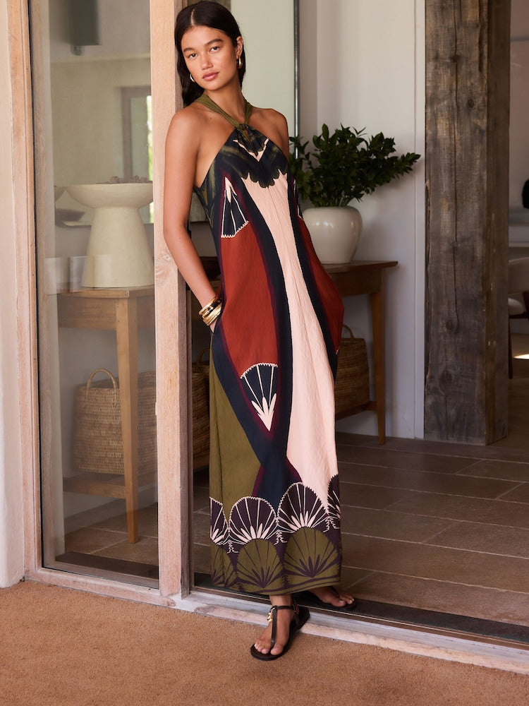 Buy Brown Geo Placement Print Halter Twist Neck Midi Dress from Next USA