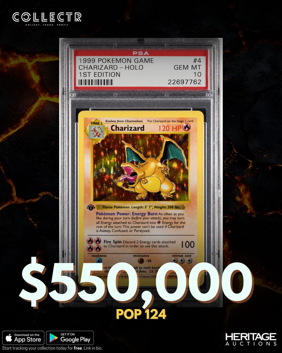 🔥 New Record: 1st Edition Base Set Charizard! A #PSA10 1st Edition Base Set Charizard just set a new all-time record, selling for $550,000 on Heritage Auctions! #charizard #baseSet #1stedition #psa10 #heritageauctions #
