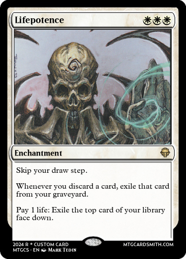 Every day, I turn a classic #MTG card into an inferior White color-pie  version! Day 3 Lifepotence WWW, Enchantment Skip your draw step. Whenever  you discard a card, exile that card from