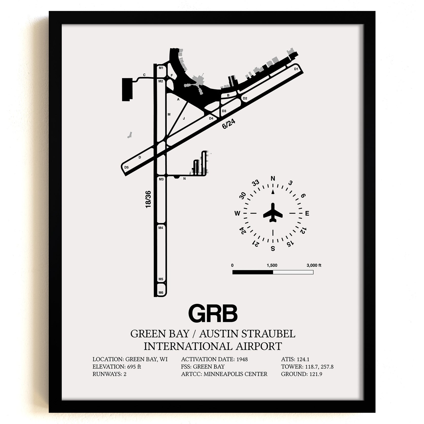 Framed Detailed Airport Map of Green Bay/Austin Straubel International Airport (GRB) in White with a Black Frame