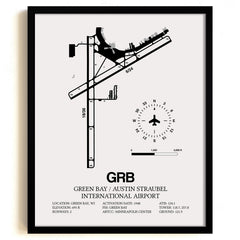 Framed Detailed Airport Map of Green Bay/Austin Straubel International Airport (GRB) in White with a Black Frame