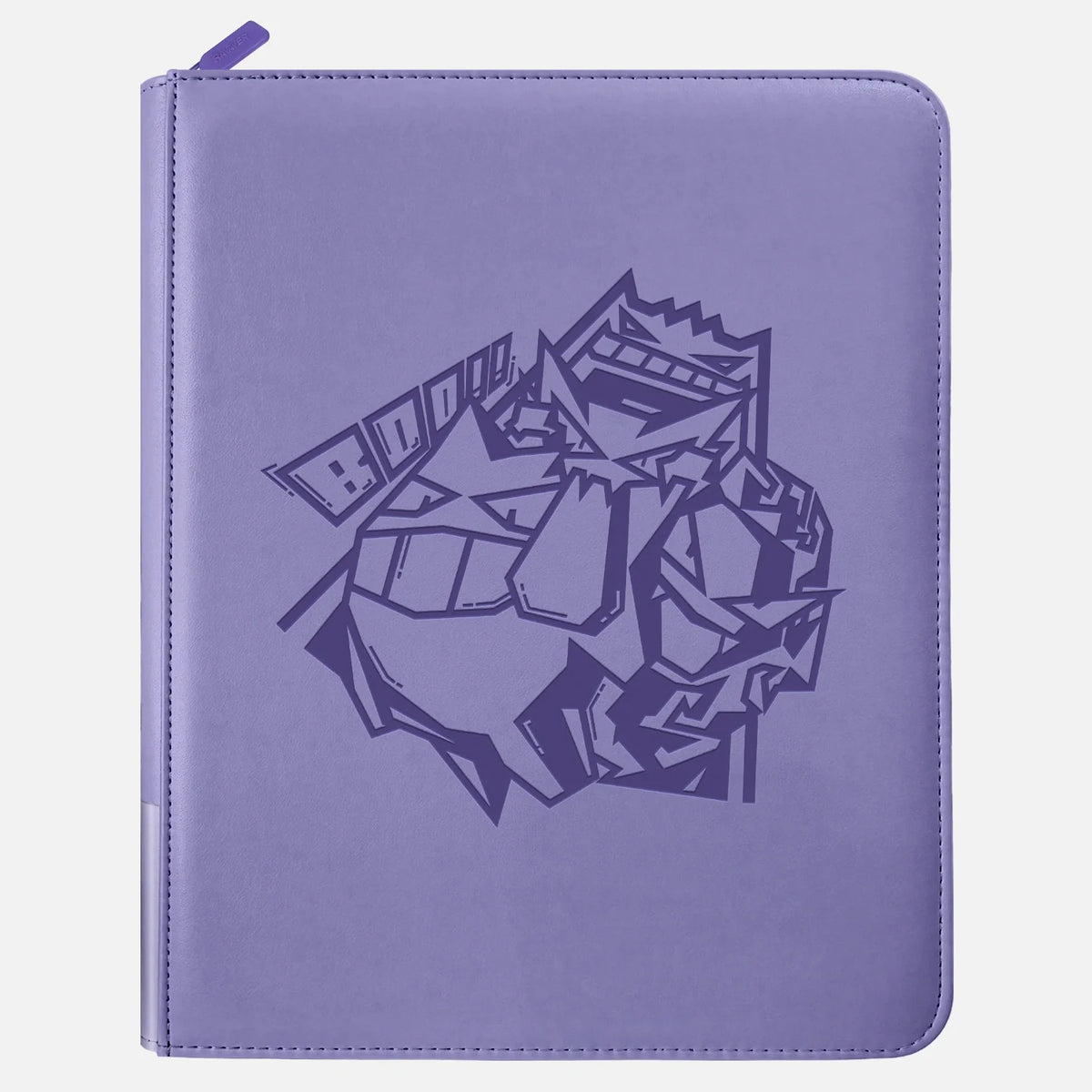 Purple leather Pokemon toploader binder with embossed Gengar design and zippered closure