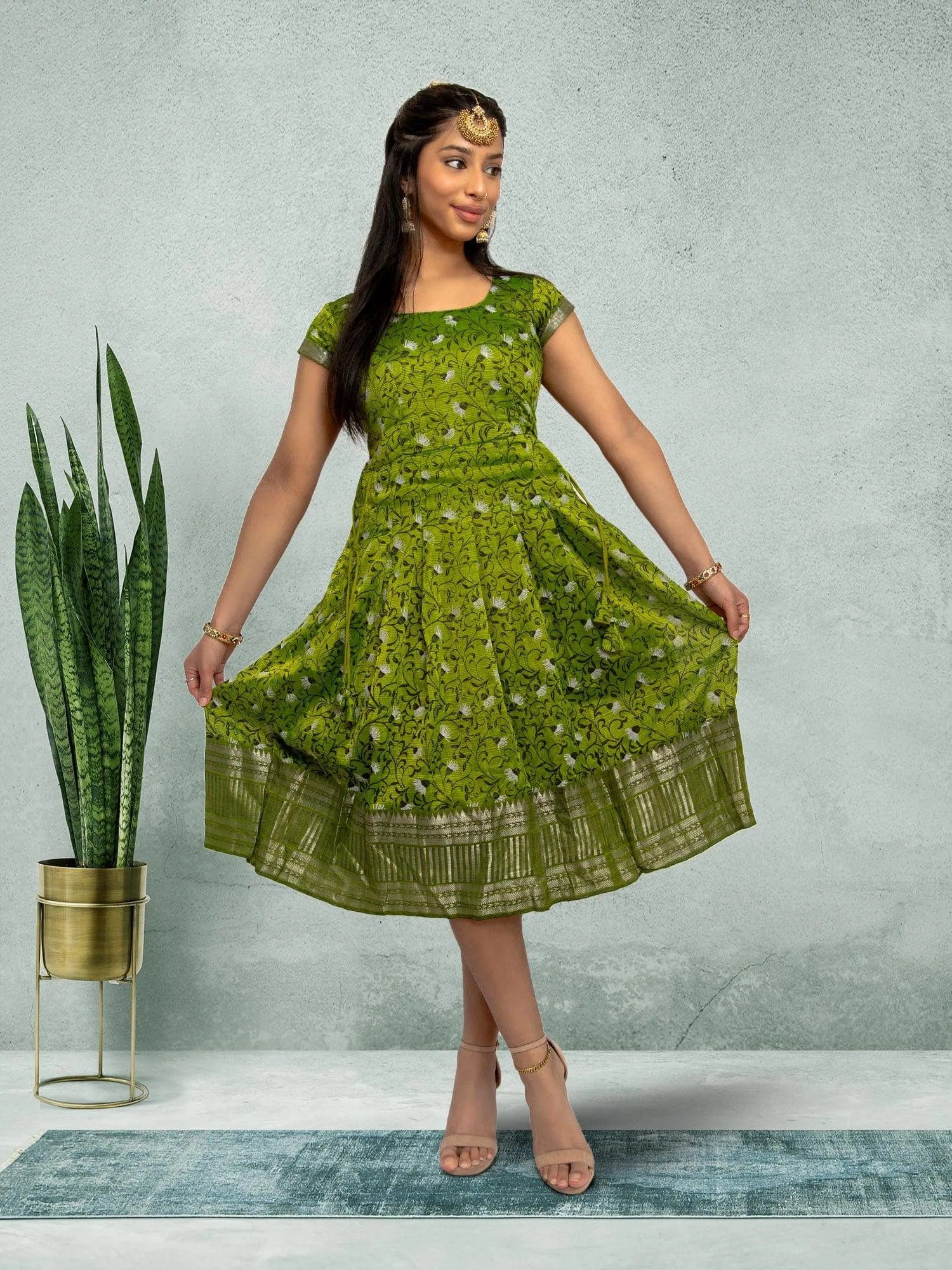 Green Silk Knee Length Dress - Festive Fusion Style | Muvvas Boutique | festive indian wear | indian wear usa  | indian dress in usa online | Indian Dresses From India