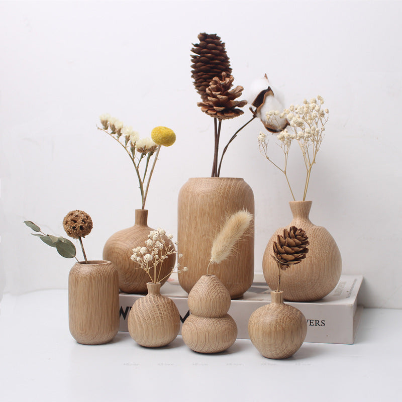 HKM-481043 Japanese Style Solid Wood Vase for Dried Flowers – White Oak Decorative Ornament