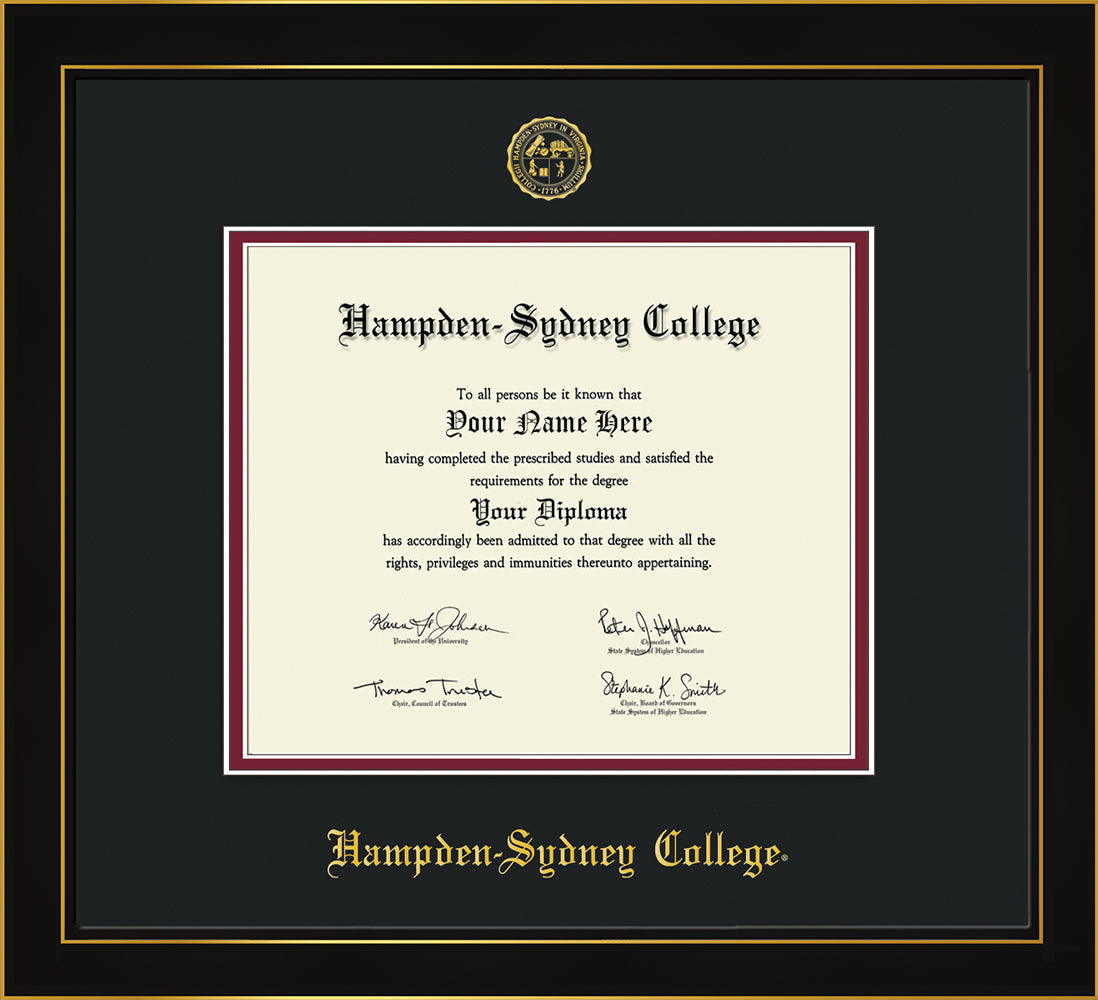 Image of Hampden-Sydney College Diploma Frame - Honors Black Satin - w/Embossed HSC Seal & Name - Black on Maroon mat