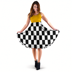 High-visibility mixed orange and black checkered flag midi dress with pockets, designed for motorsports fans on race day.