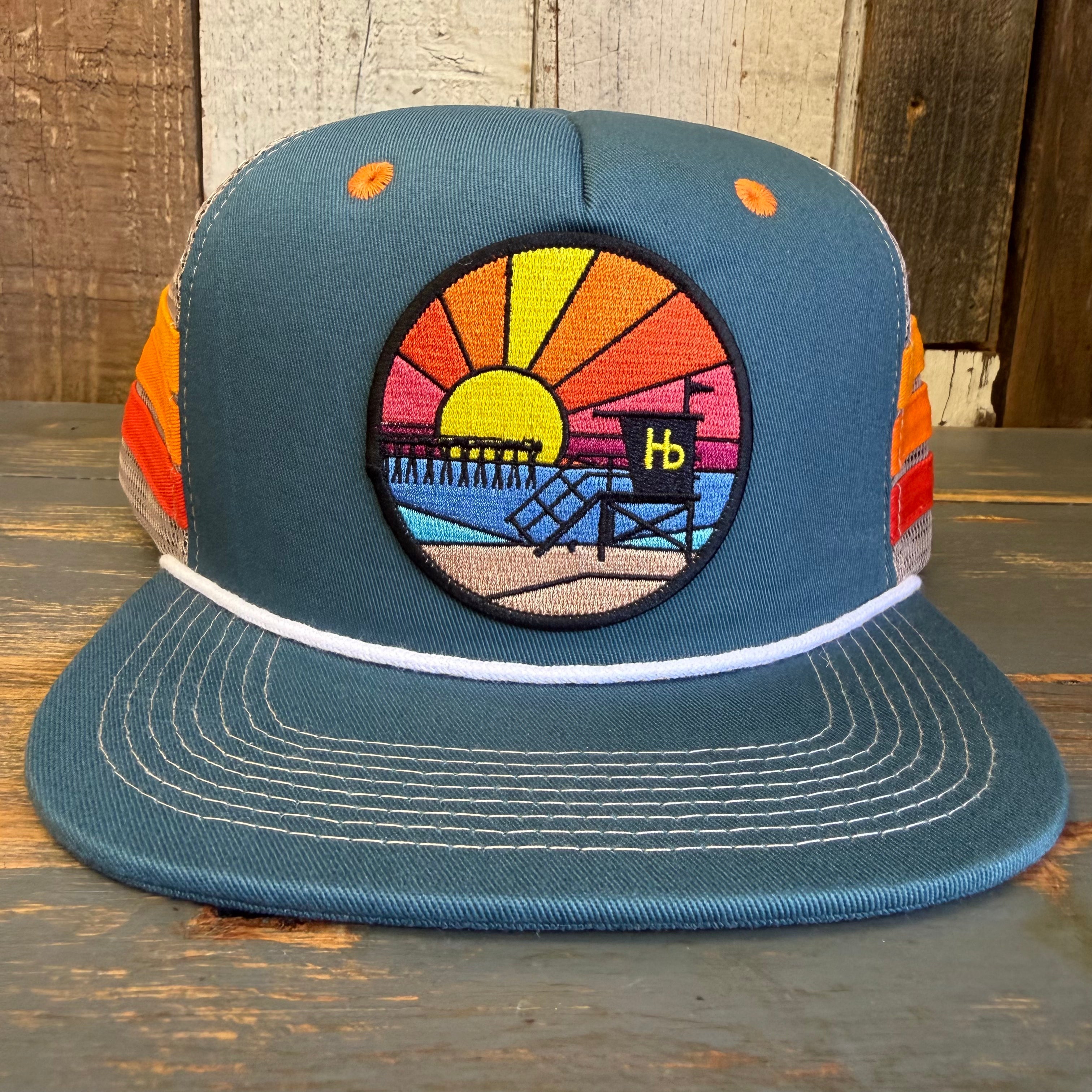 Hermosa Beach OBLIGATORY SUNSET Side Stripe Snapback Trucker Hat - Teal